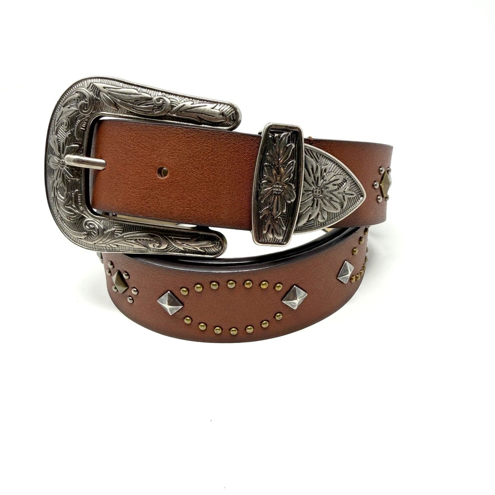 Leather Western Studded Belt Engraved Buckle Brown‎ L XL